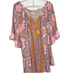 Boho Paisley Peasant Top Tassel Tie Plus Size 18/20W Cato Pink Rayon
